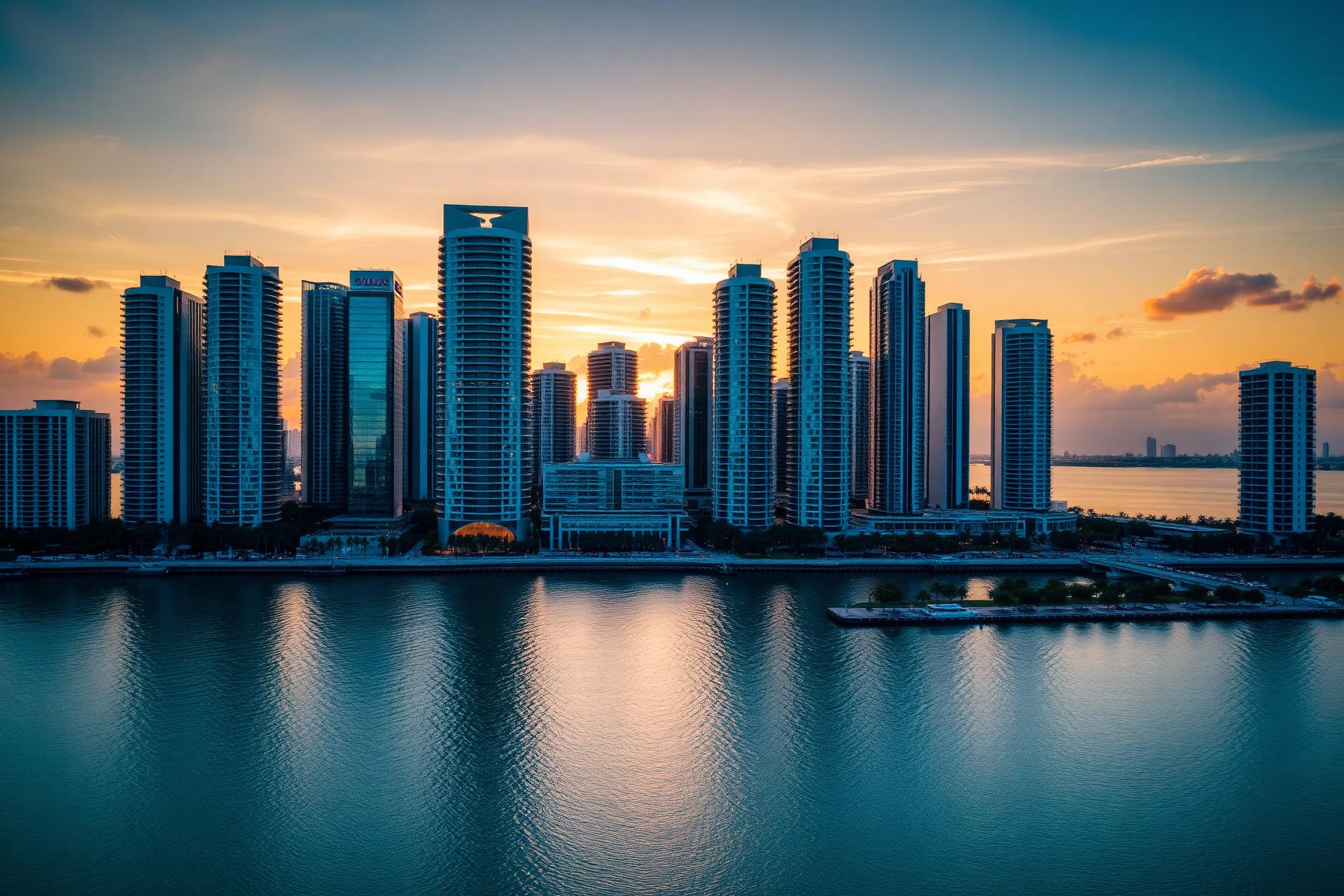 Miami skyline at golden hour over Biscayne Bay