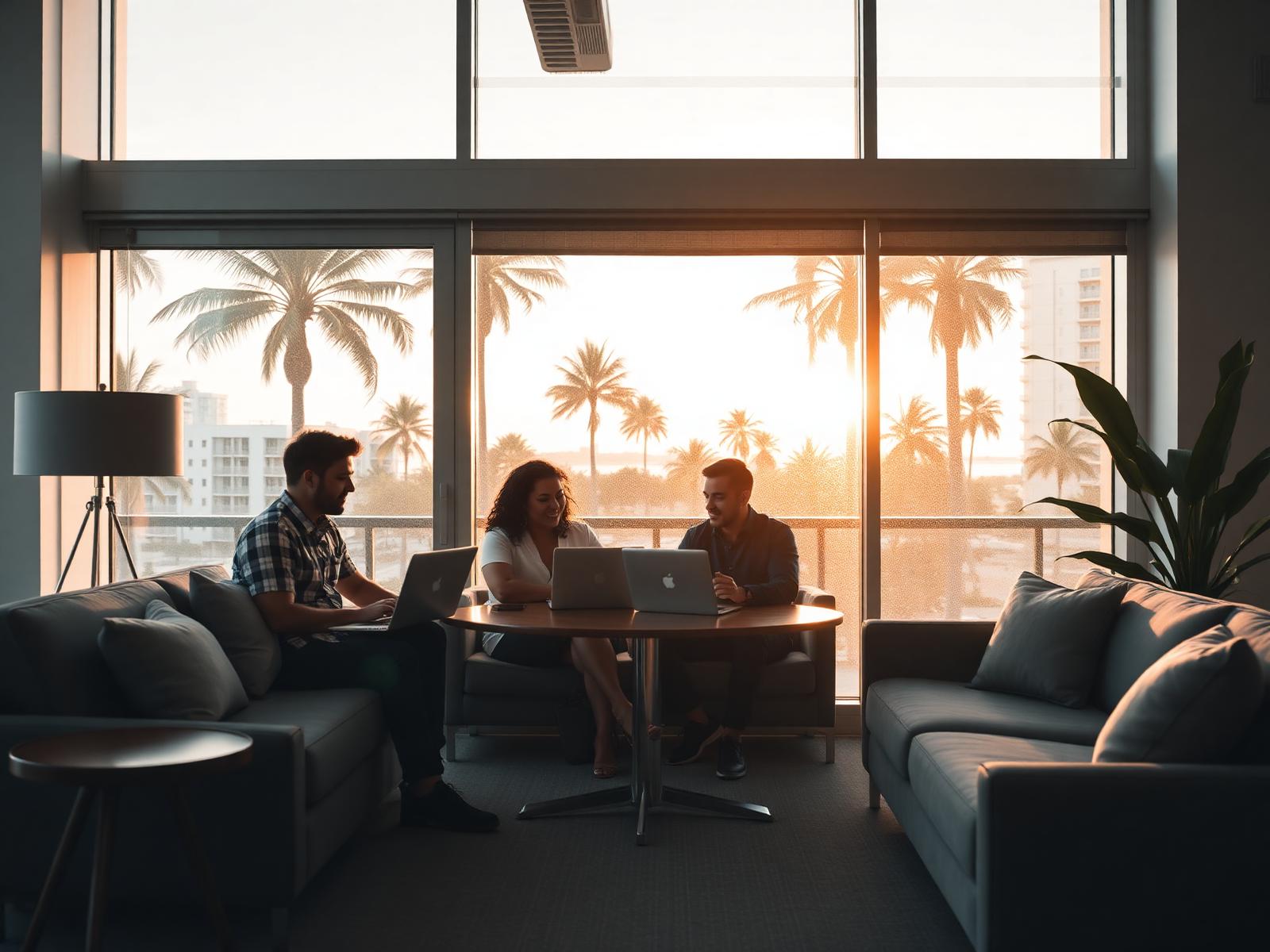 Modern Miami office with entrepreneurs collaborating at golden hour